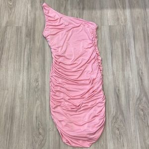 Misguided one shoulder , ruched Bubble Pink mini dress .